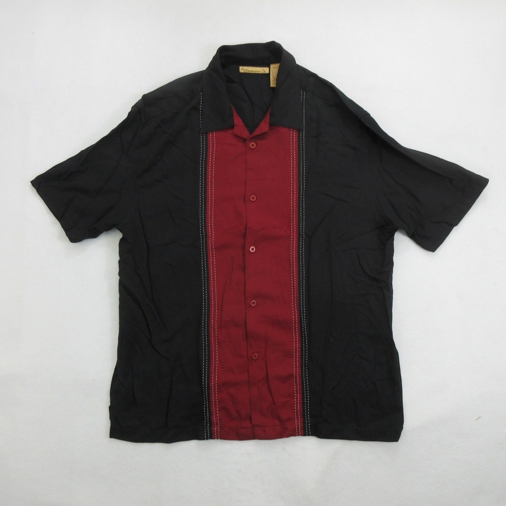 The Havanera Co Men Shirt XL Bowling Camp Colorblock Rayon Black Red Button Up